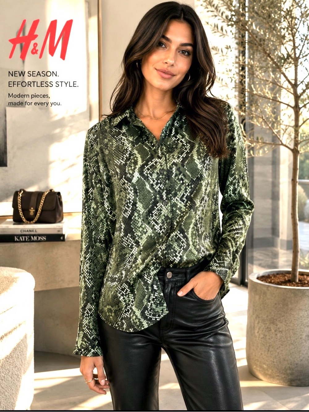 H&M Green Snakeskin Print Long Sleeve Button-down Women's Shirt Size Small